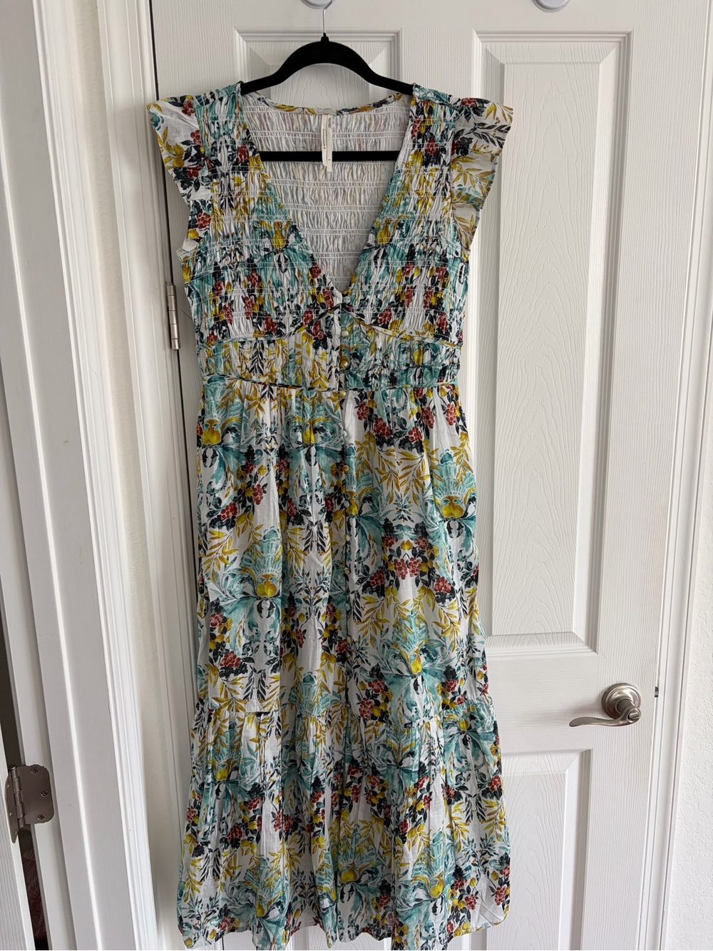 Anthropologie Floral V-Neck Tiered Maxi Dress in White, Teal, Yellow